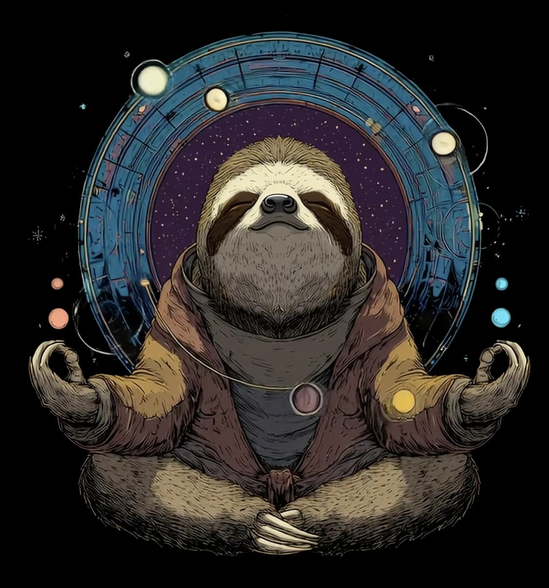 Entirius sloth mascot meditating in front of a cosmic portal