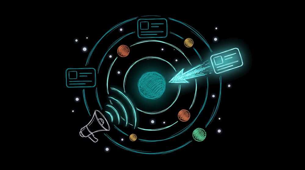 Megaphone and ad cards orbiting one store: sales channels and ecommerce advertising