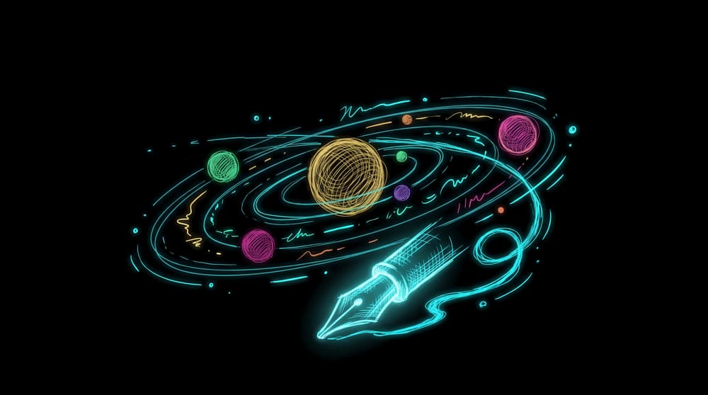 Fountain pen writing across orbiting planets, for ecommerce content and SEO