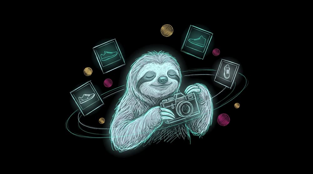 Sloth with a camera among sneaker photos: product photography for ecommerce