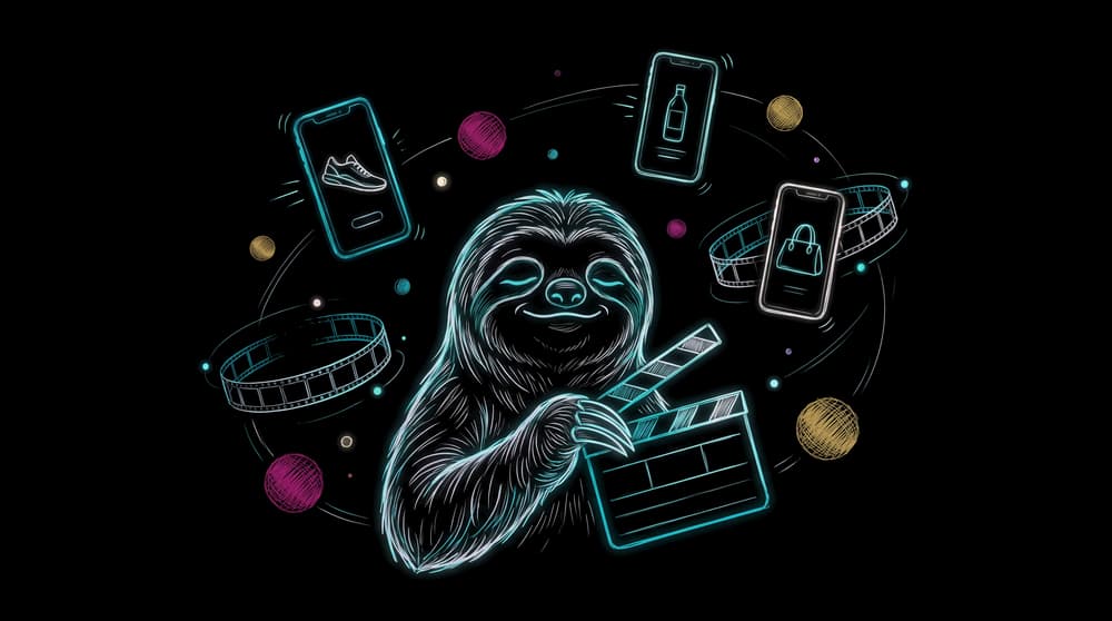 Sloth with a clapperboard and phones playing product videos